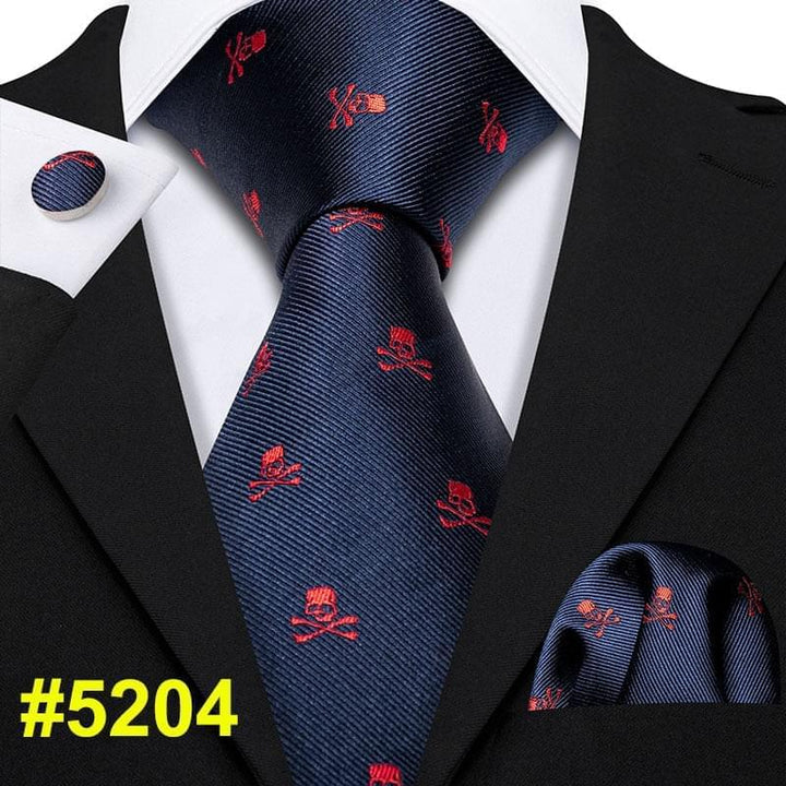 Barry Wang Fashion Designer Brown Skull Men Tie 8.5cm Silk Tie Handkerchief Set Gift For Men Wedding Groom Business Necktie