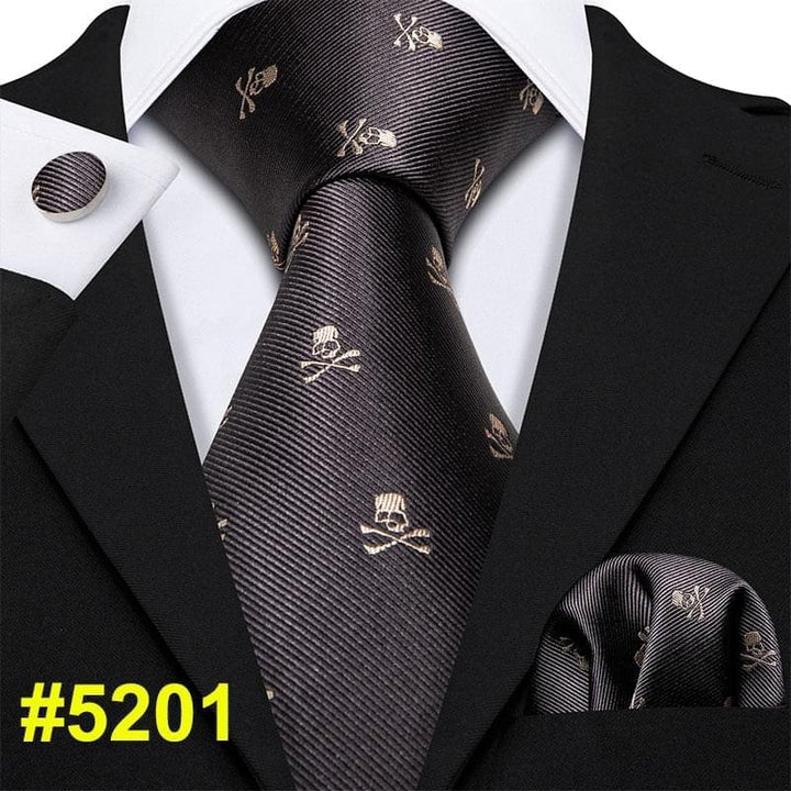 Barry Wang Fashion Designer Brown Skull Men Tie 8.5cm Silk Tie Handkerchief Set Gift For Men Wedding Groom Business Necktie