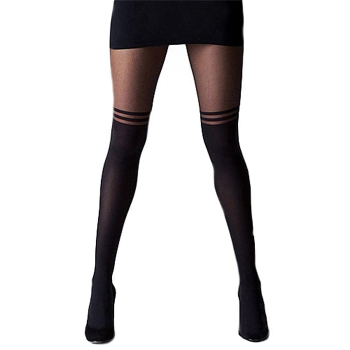 Black Women Temptation Sheer Mock Suspender Tights Cat Pantyhose Stockings Cool Mock Over The Knee Double Stripe Sheer Tights