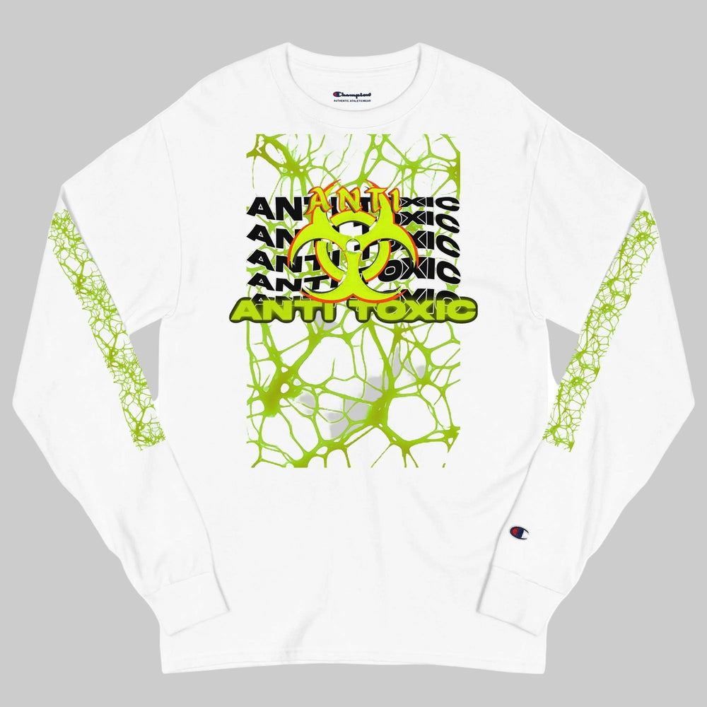 White men's Champion long sleeve shirt with green "Anti-Toxic" graphic and biohazard symbol on front and green web design on sleeves