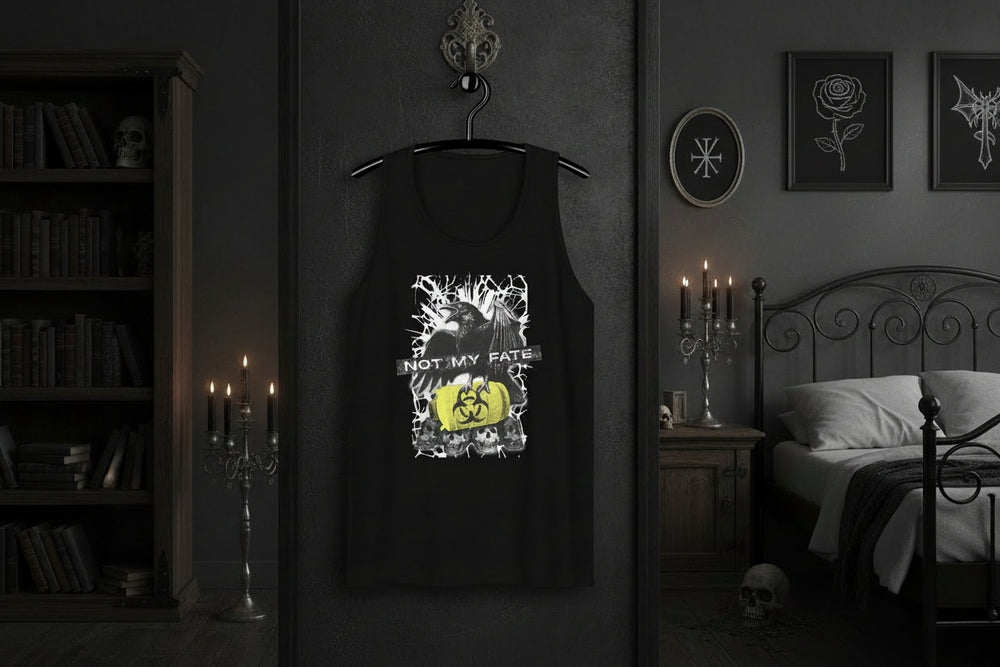 Black unisex tank top with "Not My Fate" crow graphic and biohazard symbol design
