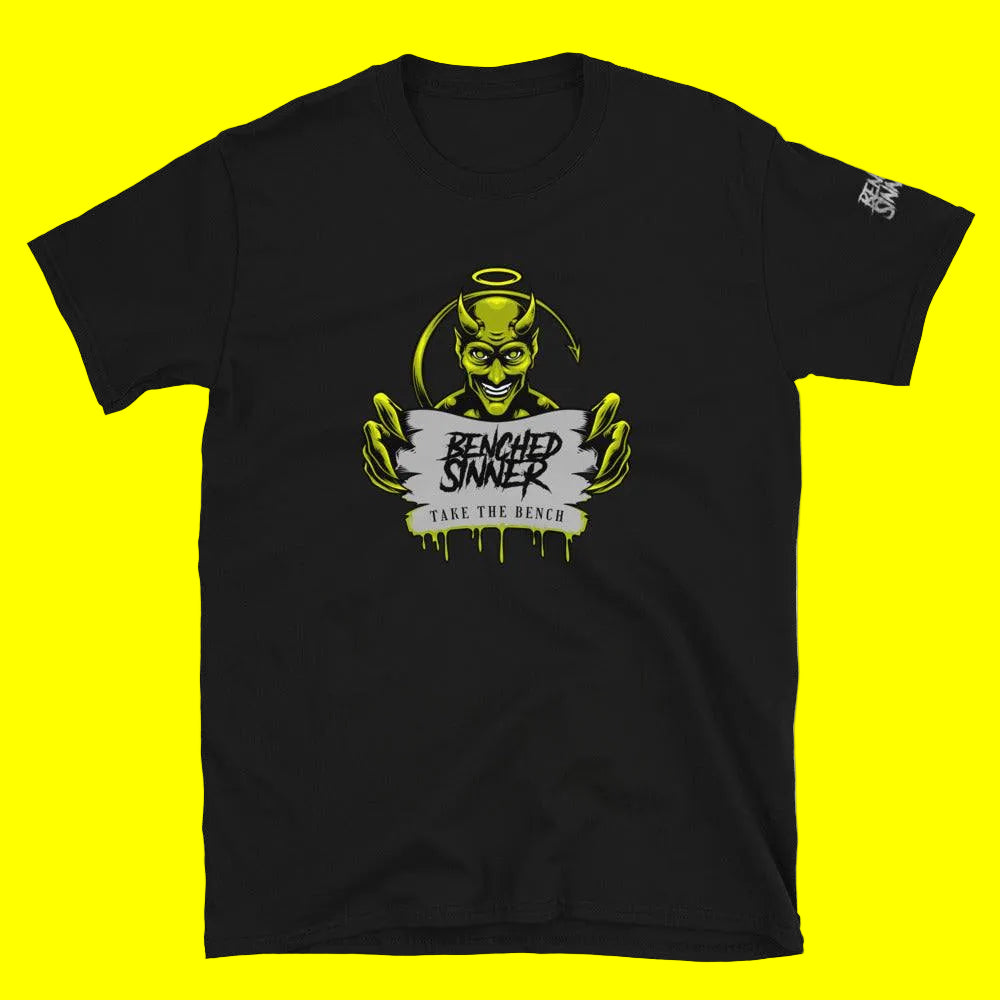 Black unisex short-sleeve Logo Tee with a neon green devil graphic and "Benched Sinner Take The Bench" text design