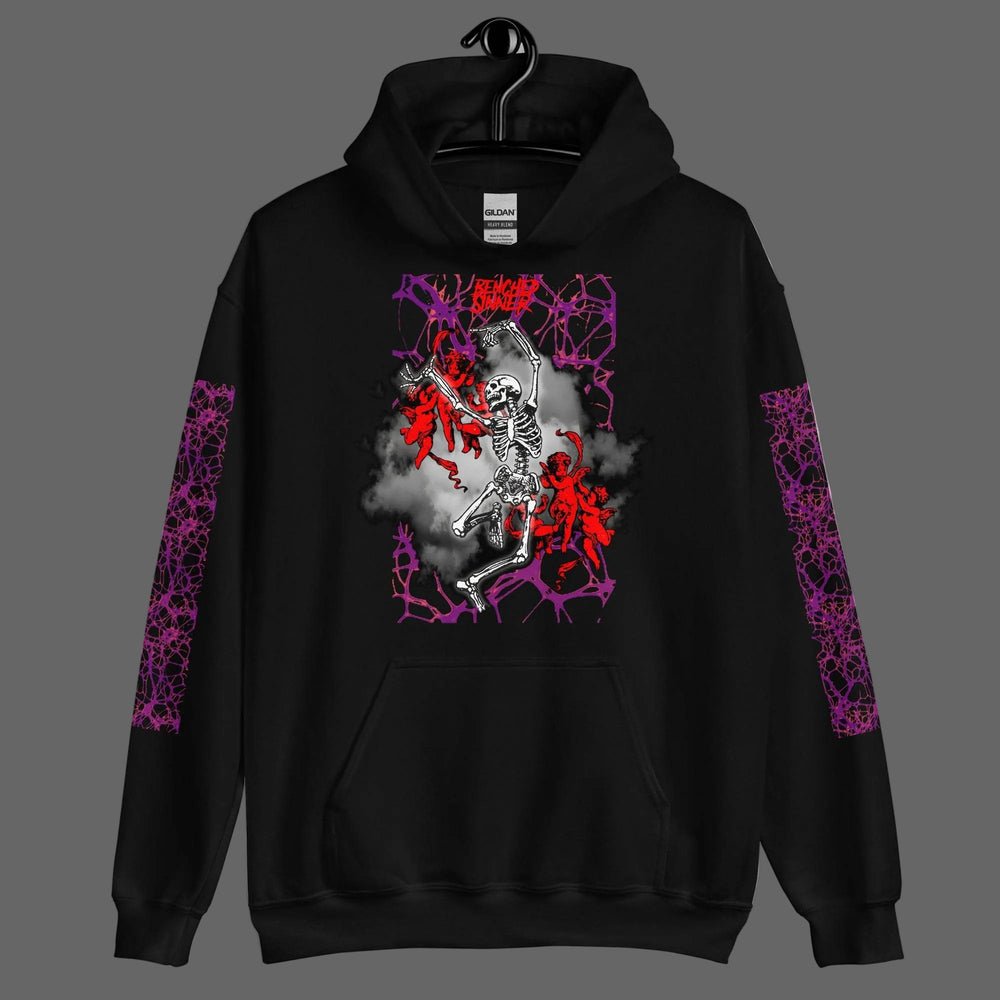 Black unisex hoodie with purple web patterns on sleeves and a skeleton graphic with red accents on front, Benched Sinner Paradise design