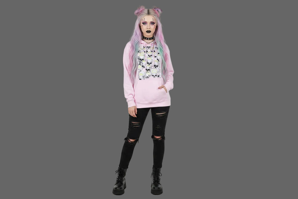 Pink unisex hoodie with black and white skulls wearing halos and horns graphic on front, Halos ov Horns design