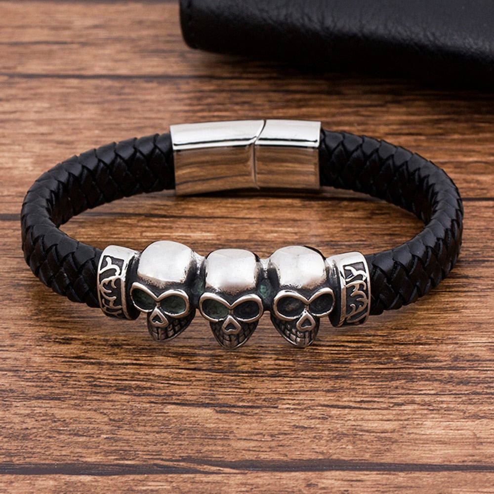 TYO Trendy Woven Rope Magnetic Braided Bone Steel Punk Metal Brand Fashion Genuine Leather Bracelet Skull