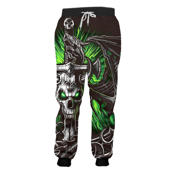 Sweatpants Men Cool Print Green Skull  Horn 3D Jogger Pants Casual Punk Streetwear Full Length Trousers