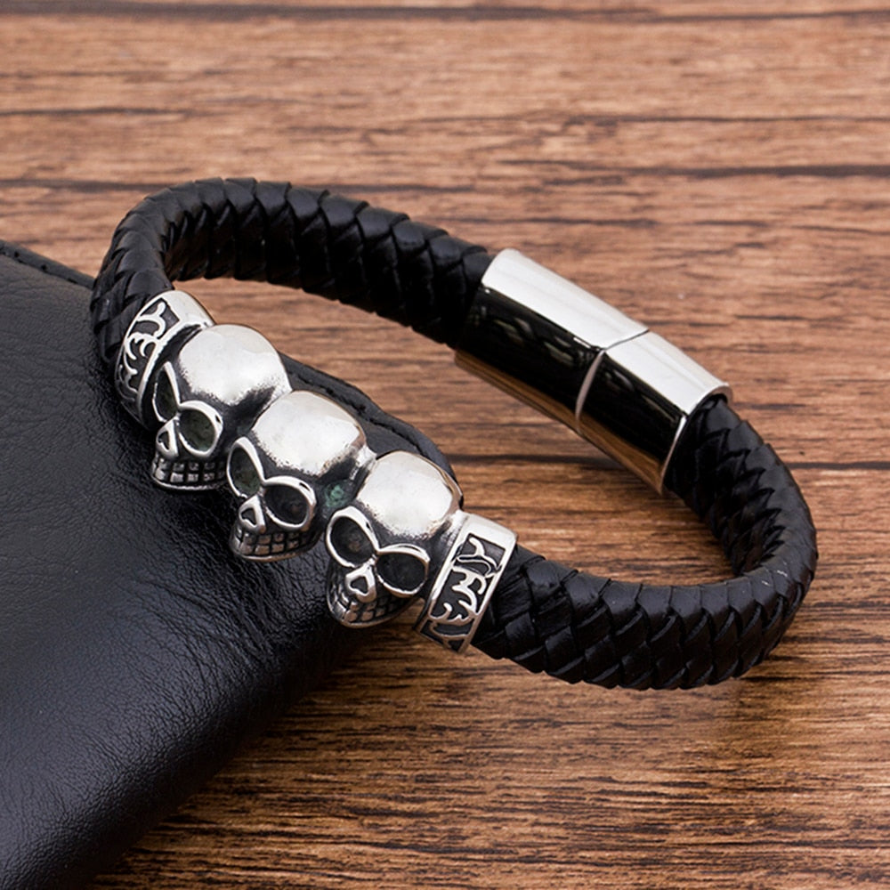 TYO Trendy Woven Rope Magnetic Braided Bone Steel Punk Metal Brand Fashion Genuine Leather Bracelet Skull