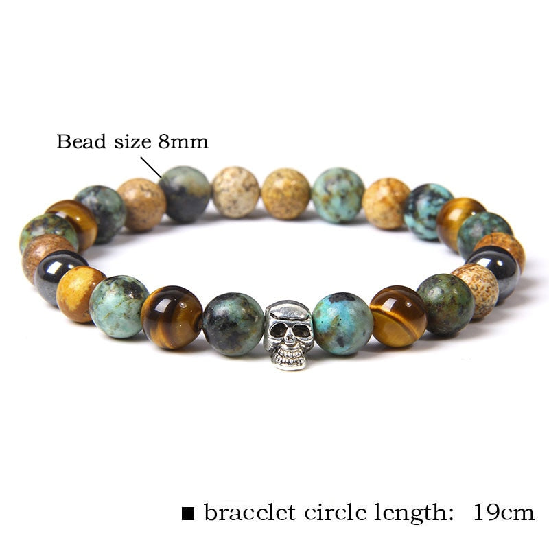 Skull Bracelets For Men Natural Tiger Eye Bracelet Homme Jewelry 8 mm Polished African Turquois Beads Bangle Silverplated Pulsera