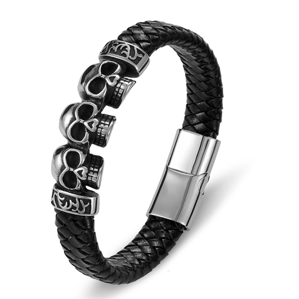 TYO Trendy Woven Rope Magnetic Braided Bone Steel Punk Metal Brand Fashion Genuine Leather Bracelet Skull