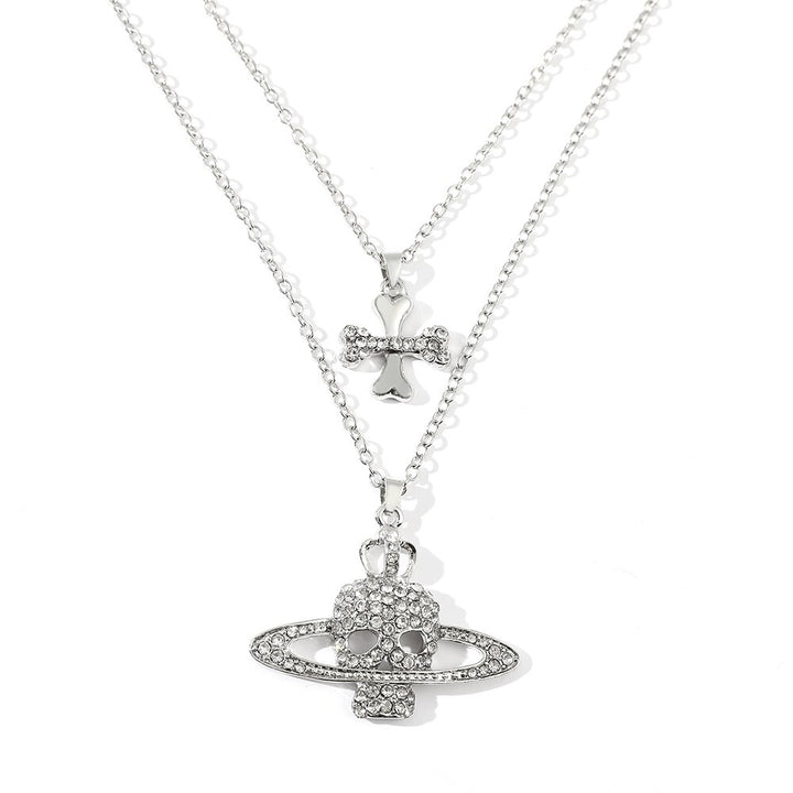 Rhinestone Skull Cross Metal Necklace