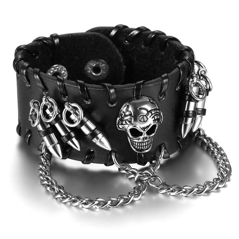 Leather Bracelets Gothic Skull Cuff Bangle