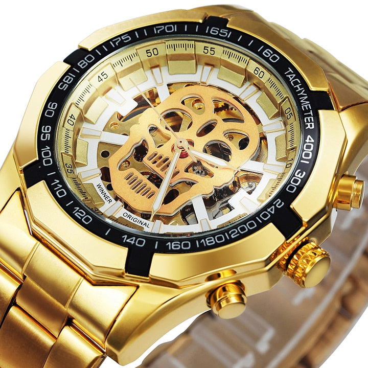 WINNER Official Mens Watches Top Brand Luxury Automatic Mechanical Watch Men Steel Strap Hip Hop Skull Skeleton Dial Wrist Watch