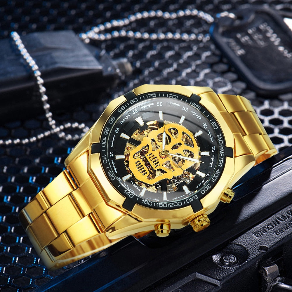 WINNER Official Mens Watches Top Brand Luxury Automatic Mechanical Watch Men Steel Strap Hip Hop Skull Skeleton Dial Wrist Watch